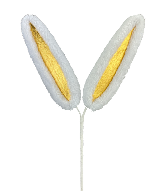The 21" Gold Bunny Ear Spray (63140GD) features a pair of plush white and gold bunny ears elegantly mounted on a slim headband, set against a dark backdrop.