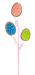Three vibrant, egg-shaped cookies in orange, blue, and green with white polka dots are attractively arranged on pink spiral sticks. These delightful designs are securely fastened to the 26" Egg Cookie Spray 3 Stems (63144EAS) for a striking visual presentation.
