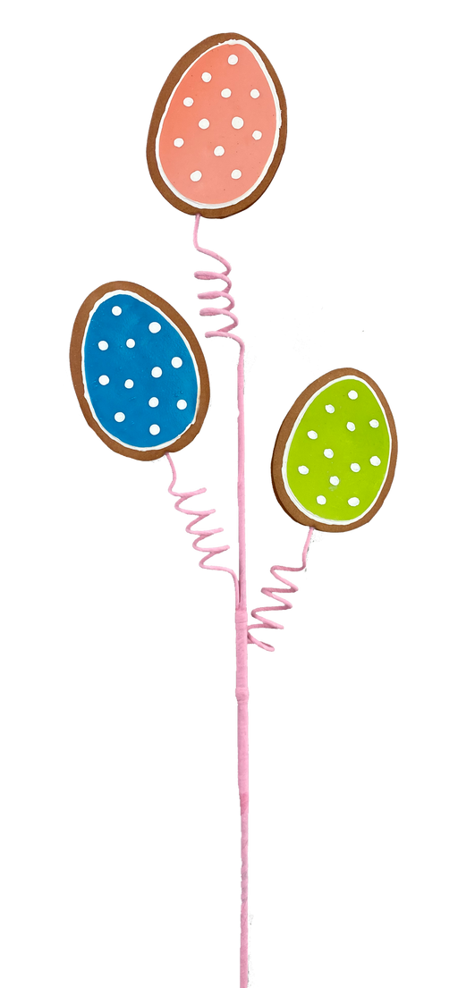 Three vibrant, egg-shaped cookies in orange, blue, and green with white polka dots are attractively arranged on pink spiral sticks. These delightful designs are securely fastened to the 26" Egg Cookie Spray 3 Stems (63144EAS) for a striking visual presentation.