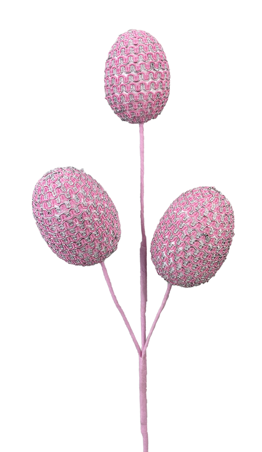 A cluster of the 16" Pink Egg Pick with three stems (product code 63203PK) showcases egg-shaped objects with a woven texture, set against a black background. The soft pastel pink hue offers a gentle contrast that highlights their delicate allure.