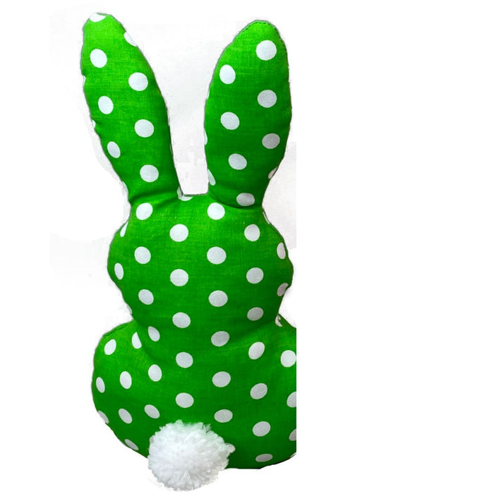 The 12 by 6.5 Mixed Plush Bunny Pom Pom Tail 63228MIX features tall ears, a fluffy pom pom tail, and white polka dots on its back for a charming look.