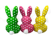 Three 12 by 6.5 Mixed Plush Bunny Pom Pom Tail toys (63228MIX) in green, pink, and yellow with white polka dots and cute pom pom tails are shown from the back.