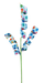 This 24" Blue Egg Curl Spray with three stems, product code 63230BL, features a green stem with four spiraled branches. It's adorned with vibrant paper spirals covered in multicolored dot patterns and includes hints of a blue egg motif for a festive and whimsical touch.