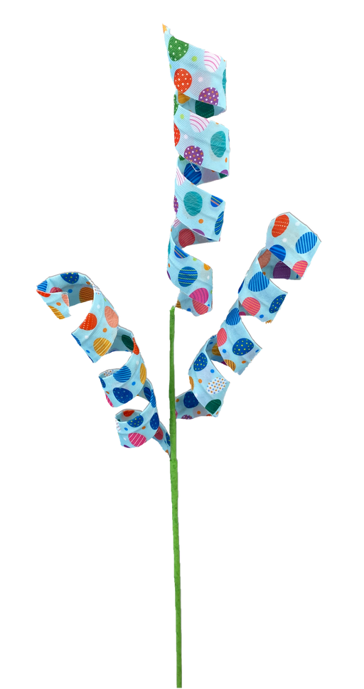 This 24" Blue Egg Curl Spray with three stems, product code 63230BL, features a green stem with four spiraled branches. It's adorned with vibrant paper spirals covered in multicolored dot patterns and includes hints of a blue egg motif for a festive and whimsical touch.
