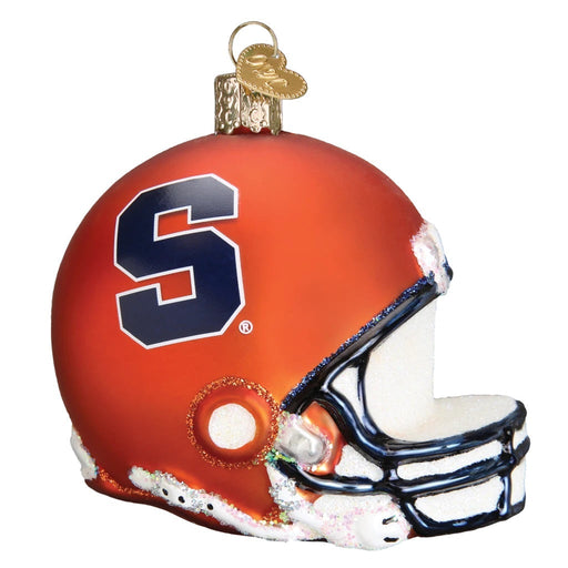 The Syracuse Football Helmet Old World Christmas Ornament 65317 is a hand-painted glass ornament designed as an orange Syracuse football helmet. It features a striking blue "S" on the side and is topped with a gold cap for easy hanging.