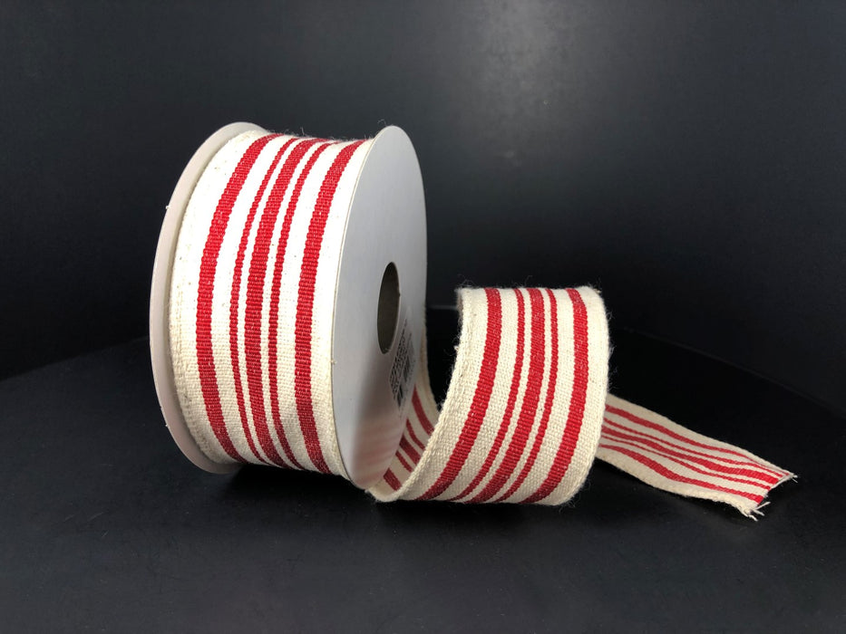 1.5"X10Y  Ivory/Red Woven French Stripes Ribbon 6700109-12