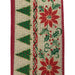 Close-up of the 2.5" Natural Linen Poinsettias Trees Christmas Ribbon, showcasing a decorative pattern with green Christmas trees and red poinsettias. This design captures the elegance of wired Christmas ribbons, featuring holly leaves and berries framed by red and green borders on a beige background.