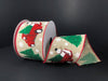 The Light Natural Linen/Frosty-Christmas Truck ribbon features festive designs, including red vintage trucks, snowmen, green Christmas trees, and white snowflakes on a dark background. It is elegantly bordered with a bold red edge and measures 2.5 by 10 yards (71077-40-12).