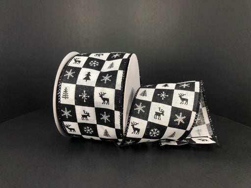 The Black-White Christmas Icon Buff Che Ribbon, 2.5X10Y, is a wired synthetic ribbon featuring festive designs such as reindeer, snowflakes, and Christmas trees on a dark background, perfect for adding a holiday touch to any decor.