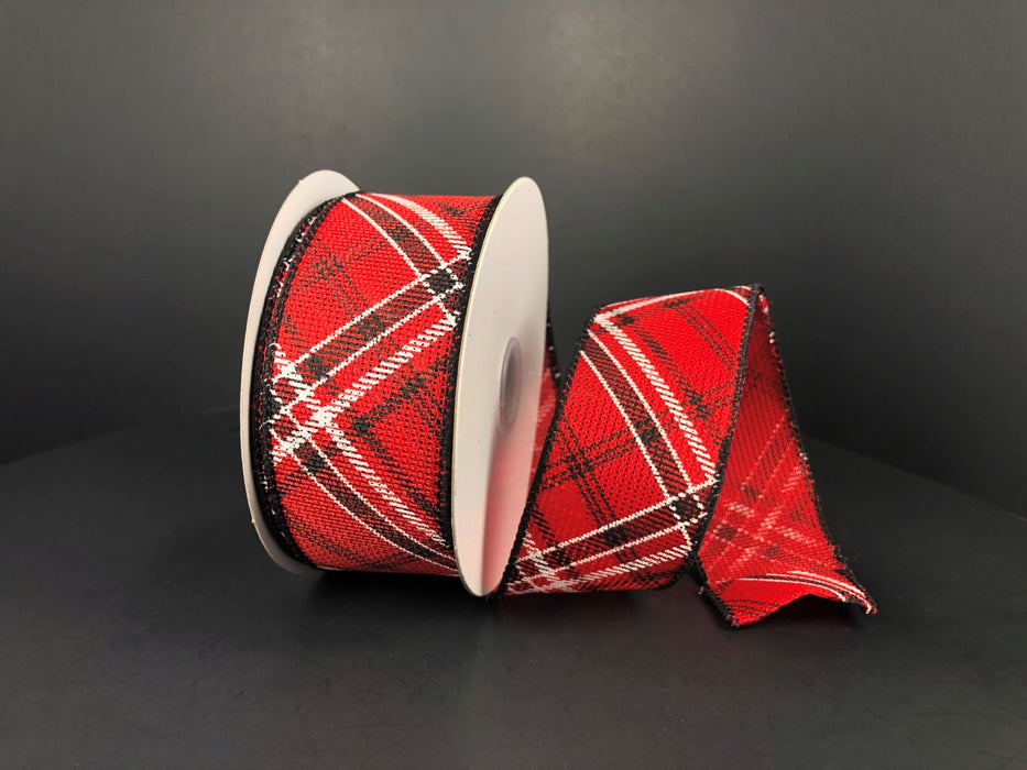 Red Faux Burlap/Black-White Print Diagonal Plaid, 1.5"X10Y  Ribbon  72129-09-12