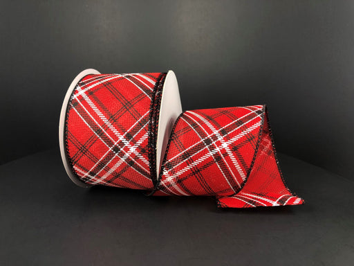 The product, Red Faux Burlap/Black-White Print Diagonal Plaid Ribbon (2.5x10Y, 72129-40-12), features a roll of black and white plaid on a dark background.