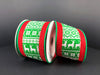Two spools of the Green-White Christmas Sweater/Red Edge, 2.5X10Y Ribbon (78203-40-17) display a green and white pattern with reindeer, snowflakes, and geometric designs against a dark background, creating a cozy holiday feel.