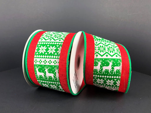 Two spools of the Green-White Christmas Sweater/Red Edge, 2.5X10Y Ribbon (78203-40-17) display a green and white pattern with reindeer, snowflakes, and geometric designs against a dark background, creating a cozy holiday feel.
