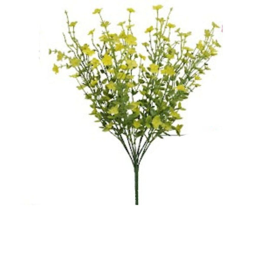 The 17.5 Yellow Mixed Forget Me Not (83416-YEL) features delicate small yellow flowers with green stems and leaves, arranged fan-like against a white background, evoking the charm of Forget Me Not blooms.
