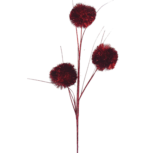 The 31 Red Pom Pom Ball Spray (83634RD) features three red, fluffy pom-poms on slender stems, set against a white background for an artistic and balanced look.