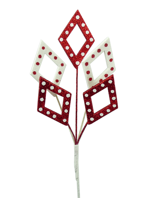 The 20 Red and White Glitter Diamond Pick (84856RDWT) features five diamond-shaped leaves, embellished with striking red and white polka dots. These glittery leaves are symmetrically arranged against a deep black background.