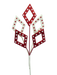 The 20 Red and White Glitter Diamond Pick (84856RDWT) features five diamond-shaped leaves, embellished with striking red and white polka dots. These glittery leaves are symmetrically arranged against a deep black background.