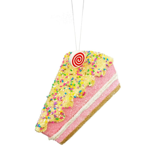 The 4 by 4 by 6 Pink and Yellow Cake Slice Ornament (85244PKYW) features glittery pink and yellow layers, colorful sprinkles, a red-and-white swirl candy on top, and hangs from a thin string.