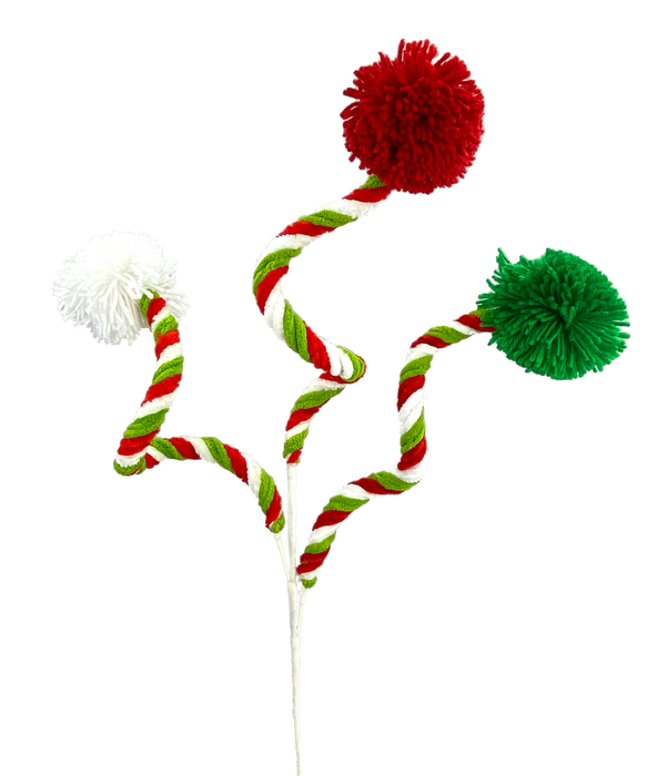 31" Red White And Green Pom Pom Spray With Three Stems  85256RWG