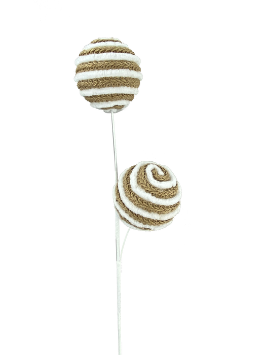 26"' with 2 Stems  Brown and White Jute Chenille Stripe Ball Spray  85609BNWT