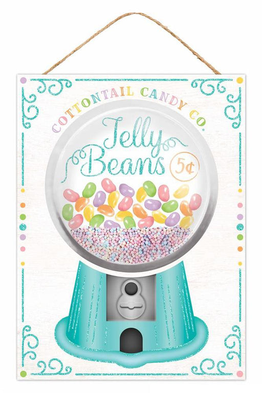 The 15.75H x 11.75L Jelly Bean Dome Sign (White/Robin Egg/Multi, AP07854) features a turquoise dispenser labeled Cottontail Candy Co Jelly Beans 5¢, filled with colorful jelly beans and accented in pastel, evoking the look of robin eggs.