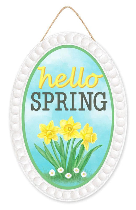 13"Hx9"L Hello Spring Oval W/Daffodils  Ice Blue/Yellow/Green/Grey/White  AP7261