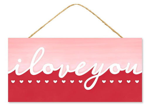 The 12.5L x 6H I Love You sign (AP7273) features a pink and red gradient MDF design, with I love you in white at the top and a row of charming white hearts below, elegantly hung by a rope.