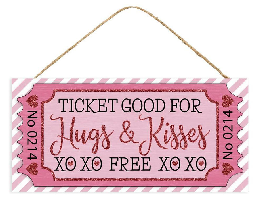 12.5"L X Glitter Ticket Hugs&Kisses Sign  Pink/Lt Pink/Black/White  AP7843