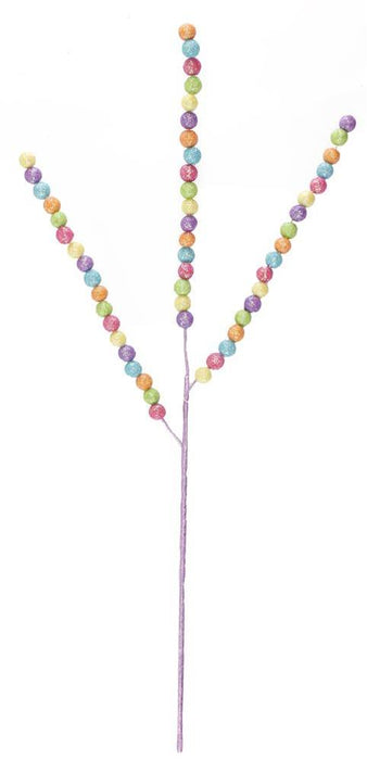 A decorative spray with three branches, each covered in glittery spherical beads featuring a mix of lime, yellow, orange, lavender, blue, and pink colors. The stem is wrapped in a light purple material. Model number EC56492C.