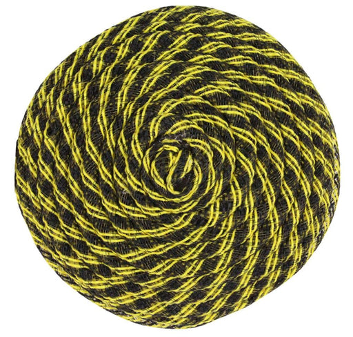 The 6.75Dia Jute Flex Tubing Flower Center in Yellow/Black (FJ5182CW) features a round coil with a swirling black and yellow striped pattern, resembling a spiral flower center. Its soft, thick texture is ideal for knitting or crocheting projects.
