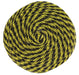 The 6.75Dia Jute Flex Tubing Flower Center in Yellow/Black (FJ5182CW) features a round coil with a swirling black and yellow striped pattern, resembling a spiral flower center. Its soft, thick texture is ideal for knitting or crocheting projects.