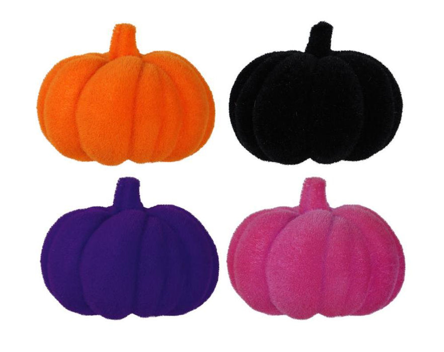 7.5"Diax6"Oah Flocked Pumpkin W/Stem  4 Asst Halloween Colors  HA044298