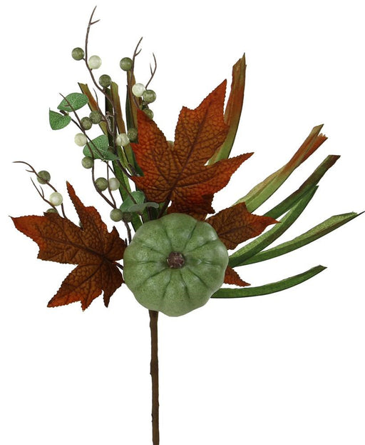 The 15L Pumpkin/Berry/Leaf/Grass Pick (HA156535) features orange maple leaves, green berries, a sage and cream pumpkin, dark moss accents, and long foliage on a brown stem.