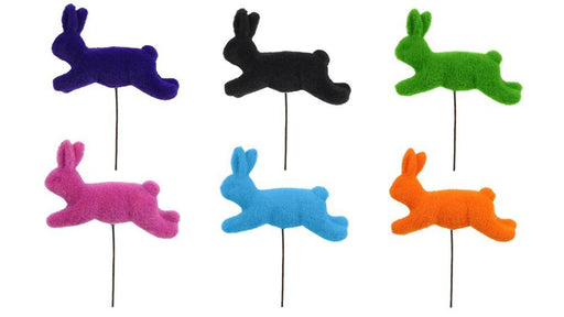 A set of six flocked rabbit picks in vibrant colors, including purple, black, pink, blue, orange, and green. These whimsical decorations are attached to thin sticks and neatly arranged in two rows on a white background. The perfect addition to any space with dimensions of 17" x 8.5" x 6". Product Name: 17"Oal X 8.5"L X 6"H Flocked Rabbit Pick - 6 Assorted Bright Colors (HE722799).