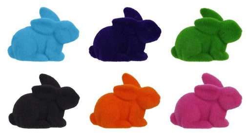 Six 8.5L X 6H flocked laying rabbit figurines made of polystyrene and nylon come in assorted colors: purple, pink, black, green, orange, and turquoise. Each vibrant bunny is arranged in two rows displaying a cute pose (HE722999).
