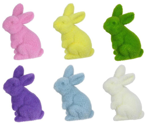 Six 6Hx3.5L flocked standing rabbits, HE724098, in pastel hues are arranged in two rows of three: pink, yellow, and green on top, with purple, blue, and white below; all facing left.