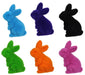 Displayed in assorted colors—turquoise, purple, black, green, orange, and pink—these 6H x 3.5L flocked standing rabbit figurines (HE724099) are crafted from a polystyrene/nylon blend with soft textures and striking poses.