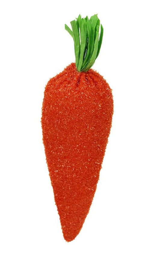 The 9 Oah Fabric Carrot (Orange/Green HE7245) is a polyester decorative item, shaped and textured like a bright orange carrot, topped with green paper leaves.