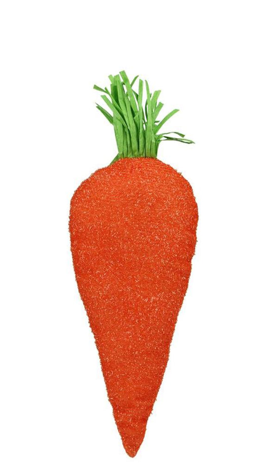 This playful image showcases the 16 Ox12Hx4.25W Fabric Carrot (Orange/Green, HE7246), crafted from orange polyester with a textured design and topped with vibrant green strands that artfully mimic real carrot leaves.