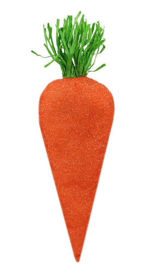 The 24Oahx18Hx6.5W Fabric Carrot (HE7247) in orange and green features a textured surface and green paper-like material at the top to resemble carrot leaves.
