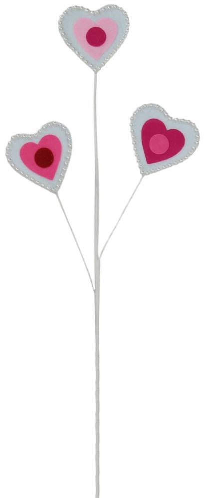Introducing the 24.5"L Pearl Bead/Felt Heart Spray in White/Multi Pink (HV0267), featuring a decorative stick adorned with three heart-shaped felt ornaments. Each heart displays layers of white and a variety of pink hues, highlighted by central pink circles, and finished with delicate pearl bead accents for an elegantly minimalistic appearance.