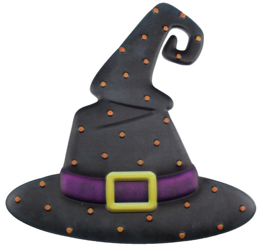 The 12 Metal Embossed Witch Hat Halloween Sign (MD061835) features a black witch hat with curled tip, adorned with orange dots, a purple band, and a yellow buckle, making it the perfect Halloween accessory.