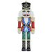This 12" Nutcracker Embossed Metal Christmas Sign MD0619 features an illustration of a nutcracker soldier with a black hat, blue jacket, red sleeves, and green pants. The classic woodcut design highlights his white beard and rosy cheeks, making it an ideal festive decoration.