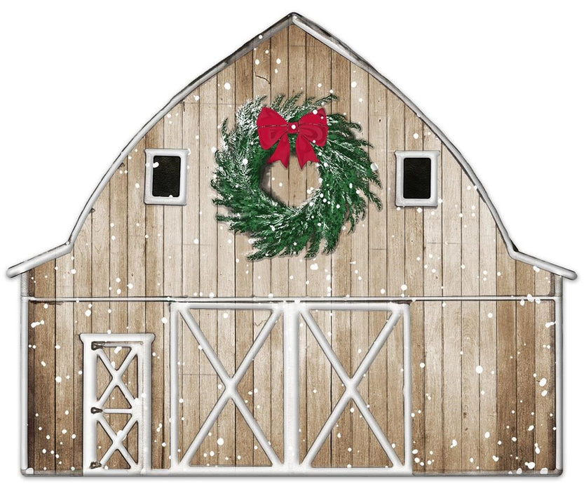 12"L X 9.75"H Metal/Embossed Winter Barn  Tan/White/Emerald  MD0730