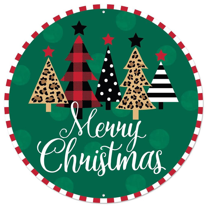 12"Dia Merry Christmas Metal Sign  Black/White/Red/Green/Tan  MD0745