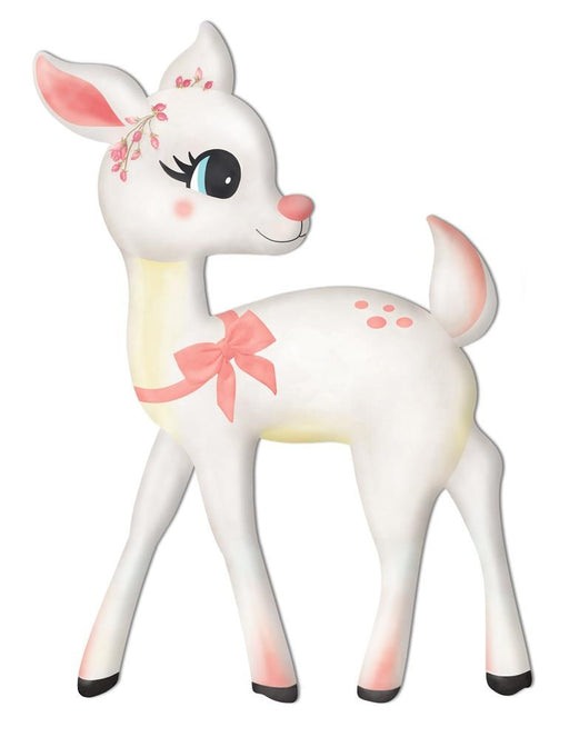This 9.5L x 13H artwork named Metal/Embossed Bambi Coral/Sft Ylw/Ice Blu/Blk MD079627 illustrates a cheerful pastel baby deer with a pink bow and small pink flowers, featuring an embossed design in coral, soft yellow, ice blue, and black.