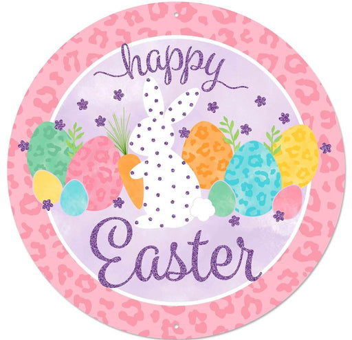 A 12 diameter circular design titled Glitter/Leopard Happy Easter features a glittery sign, a white polka-dotted bunny, colorful patterned eggs, and a large carrot against a purple backdrop with small flowers. Its bordered by pink, lavender, blue, and mint hues.