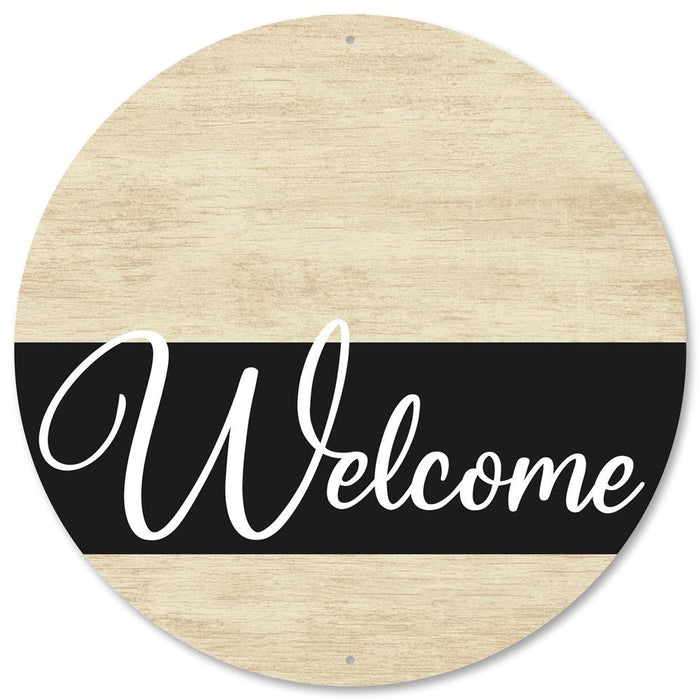12"Dia Metal Welcome Tan Wood Sign  Tan/Black/White  MD0887