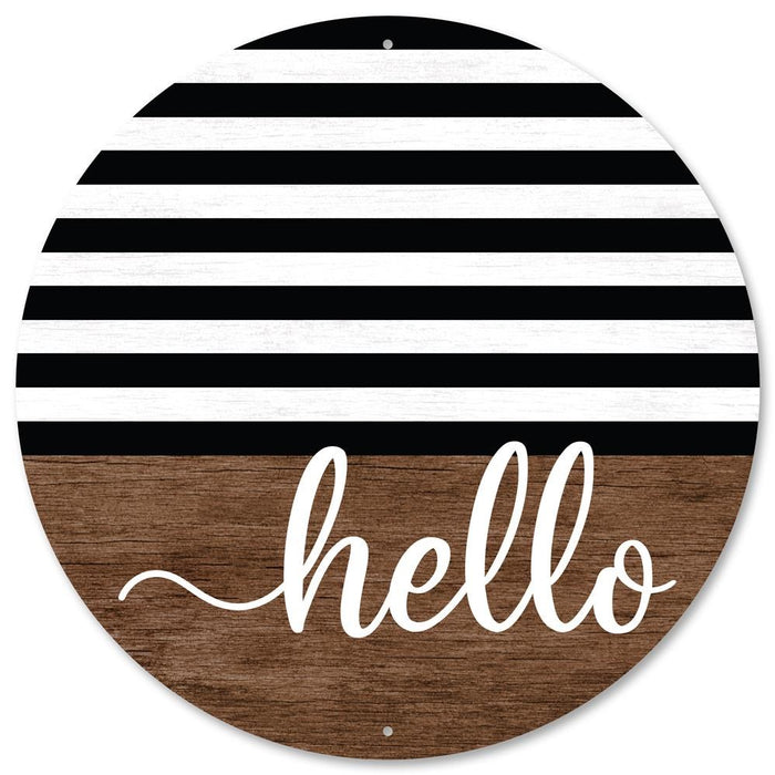 12"Dia Metal Hello White Wood Look Sign  Brown/Black/White  MD0895