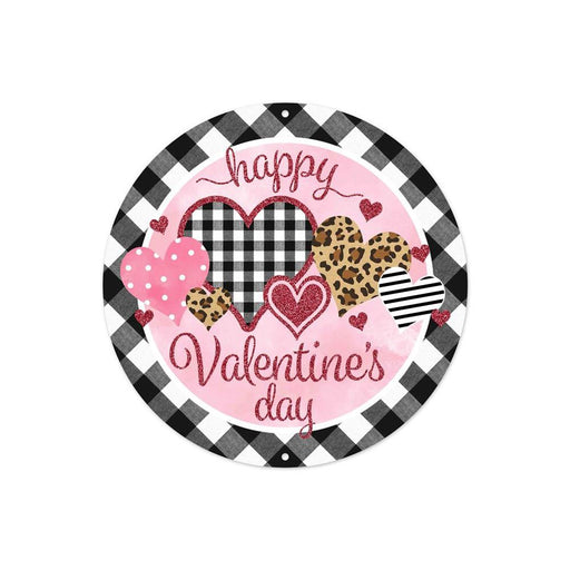 The 8Dia Metal/Glitter Valentines Day Sign (MD0943) features a black and white border, pale pink background, gold and brown hearts, and red script reading happy Valentines day at the center.